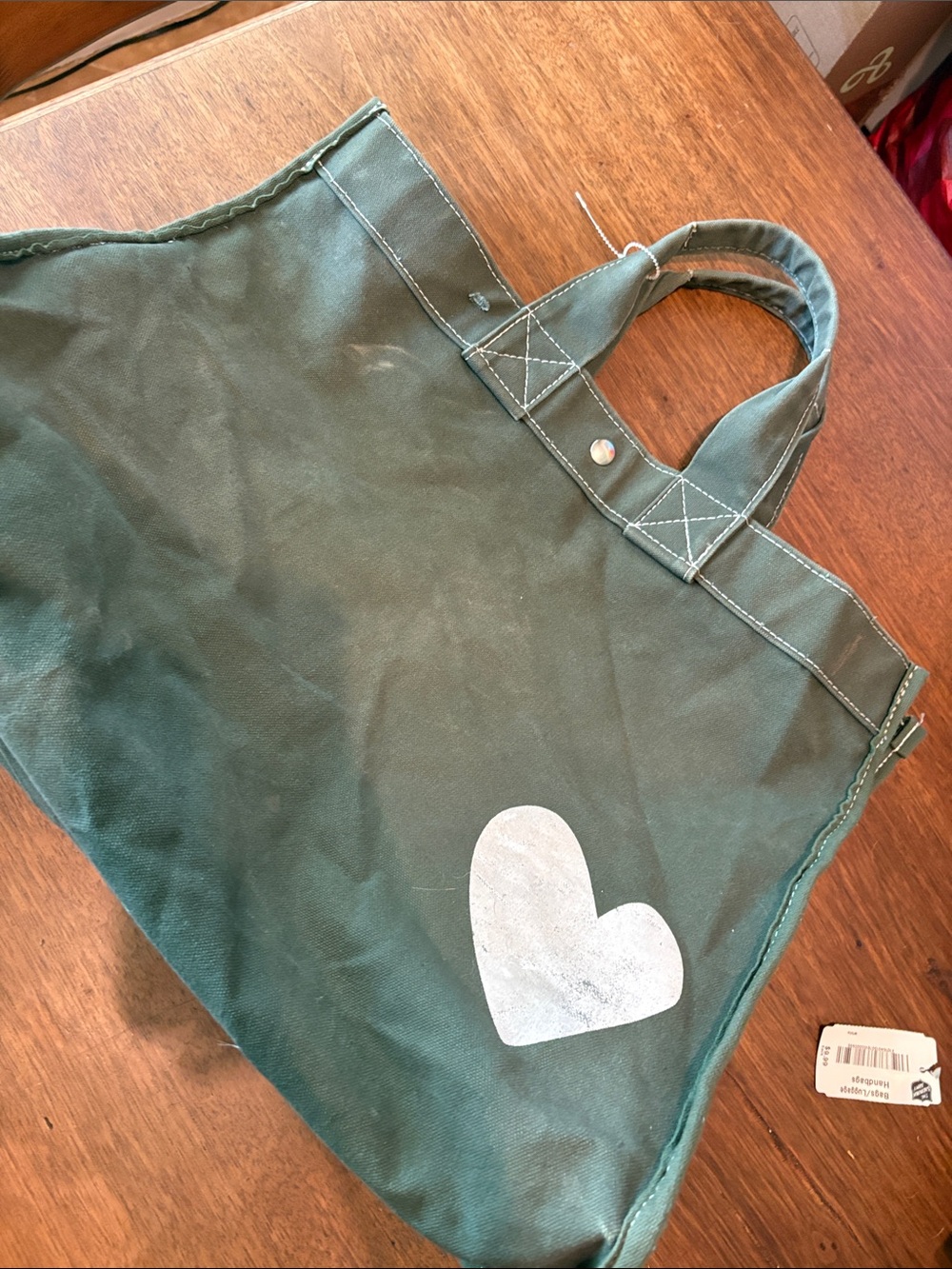 Green Canvas Tote with White Heart Accent - Unbranded